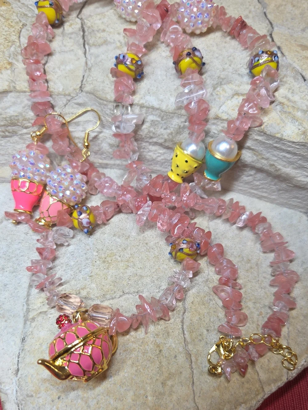 Tea Party Wedding Cake Beaded Necklace with Teapot Pendant & Tea Cup Earrings